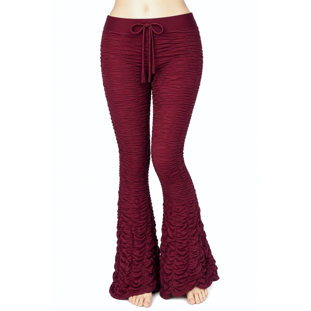 Leom Designs Burgundy Ruched Flare Pants Boho Festival Bell Bottoms Stretch